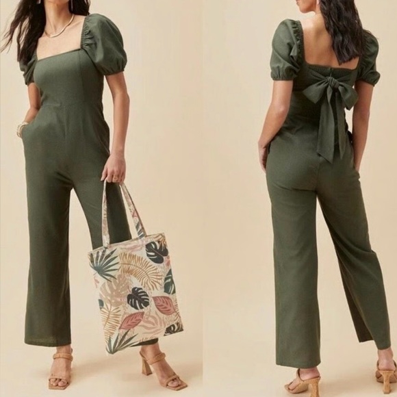 Audrey Parks Pants - Audrey Parks Velma Army Green Wide Leg Ruffled Sleeve Jumpsuit XL